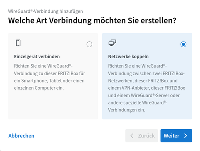 Der Assistent fragt, ob ein einzelnes Gerät oder ein komplettes Netzwerk verbunden werden soll.