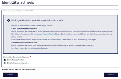 Die Online-Anwendung bietet mir an, mich mit der Online-Ausweisfunktion zu identifizieren.