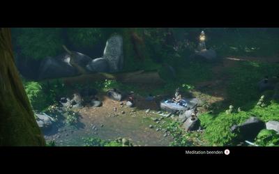 Screenshot von Kena bei der Meditation in den Ruinen eines Schreins vor einem kleinen Tümpel